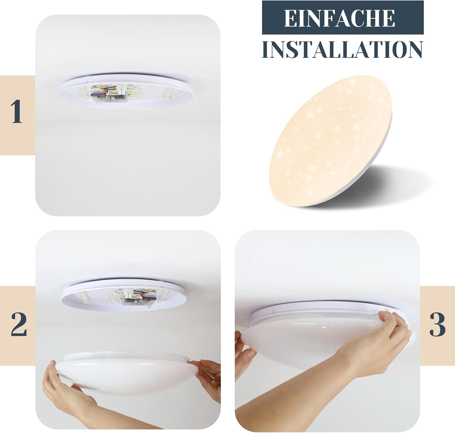 Pasos para instalar una luz de techo: 1. Base. 2. Conectar. 3. Cubrir. La luz es blanca.