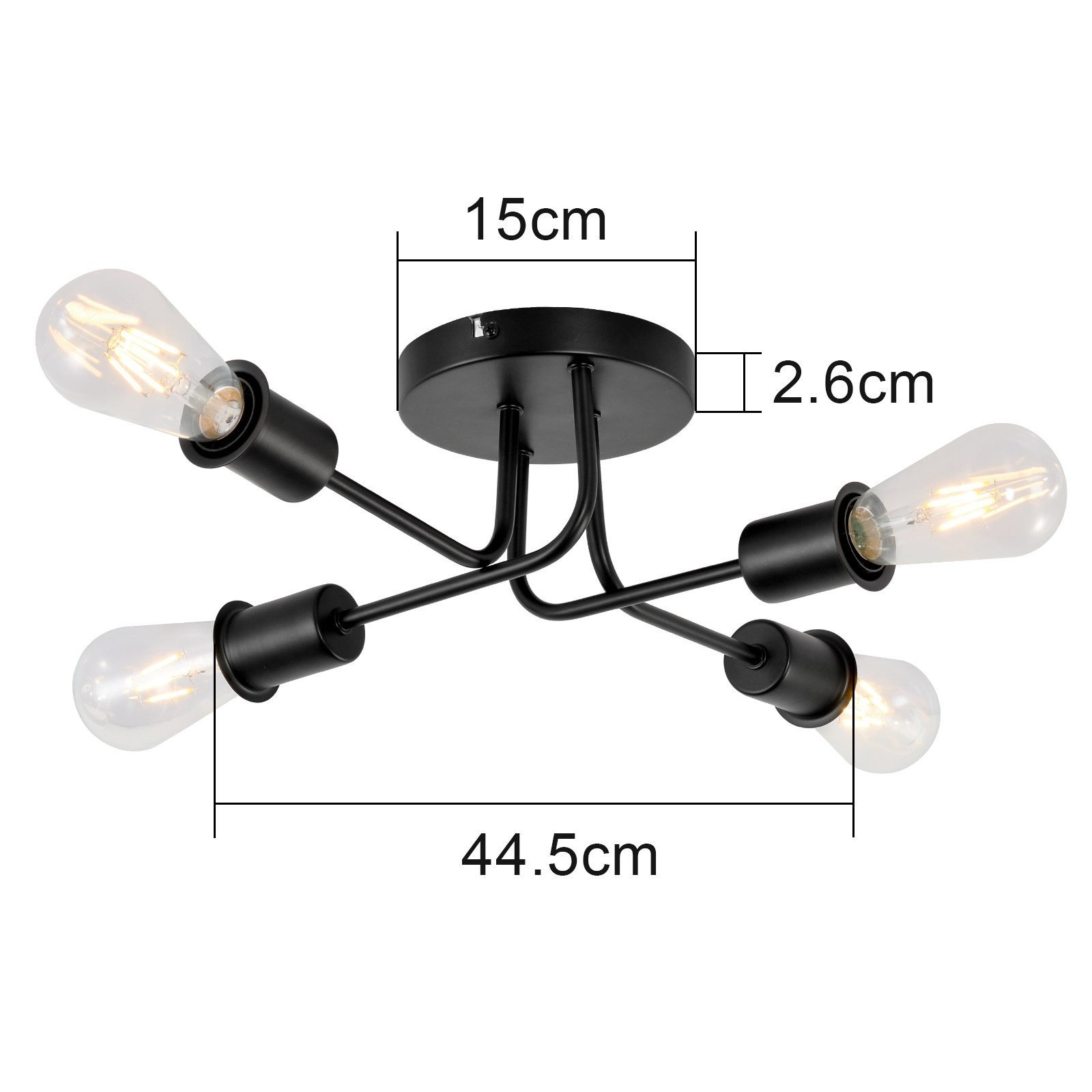 Czarna lampa sufitowa z czterema żarówkami, z wymiarami oprawy.