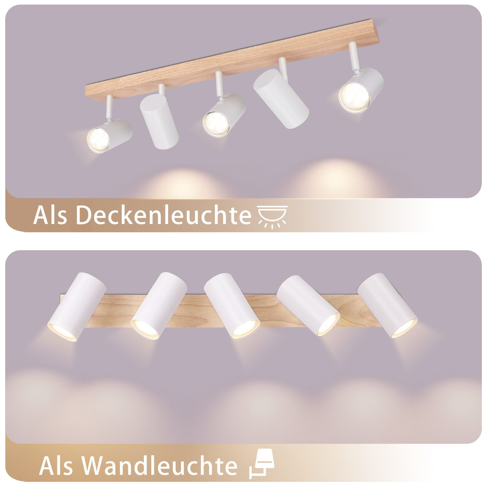 Due immagini che mostrano un apparecchio di illuminazione. Uno lo mostra montato sul soffitto, l'altro sulla parete.
