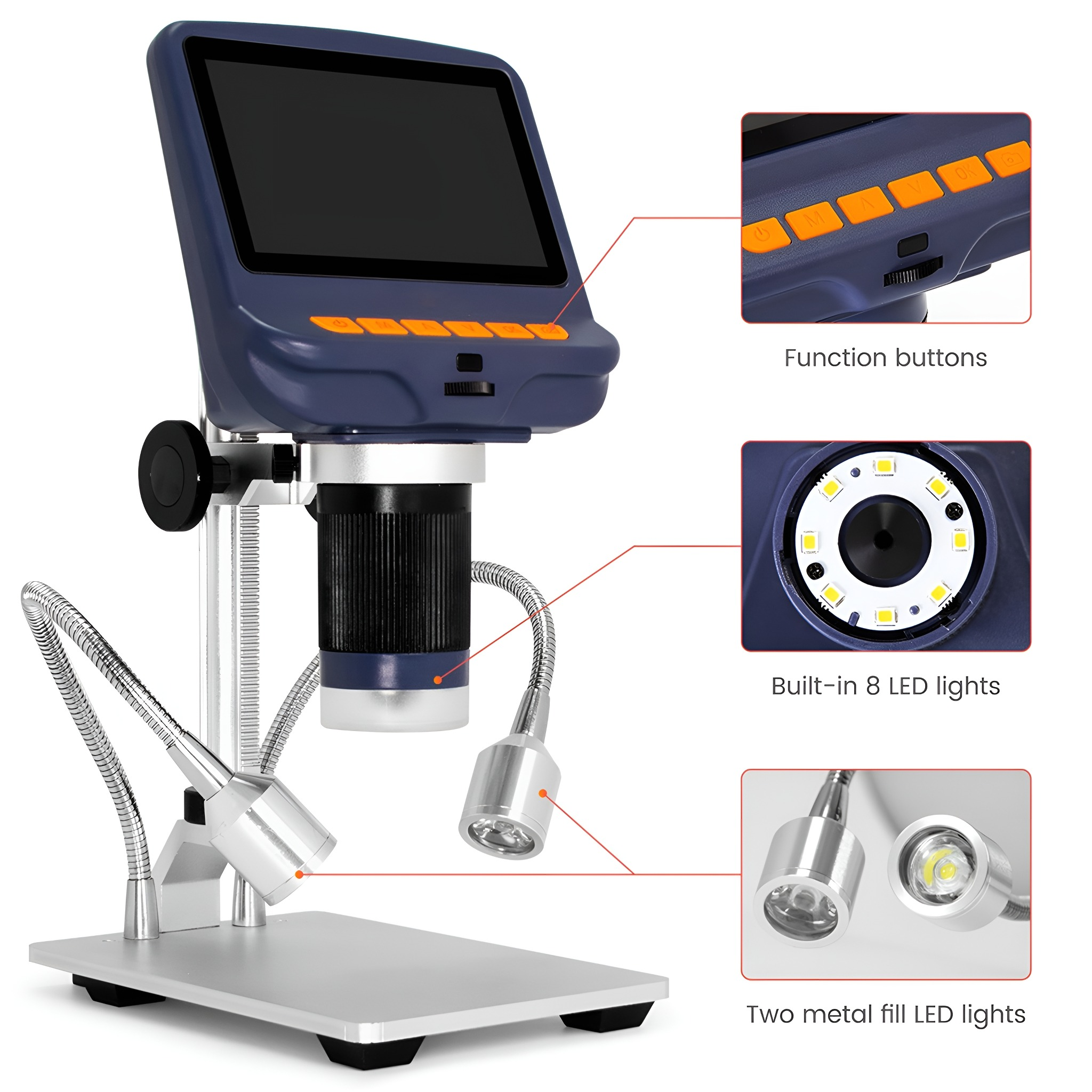 Ein blau-silbernes digitales Mikroskop mit Knöpfen, eingebauten LED-Leuchten und zwei Metall-Füllleuchten.