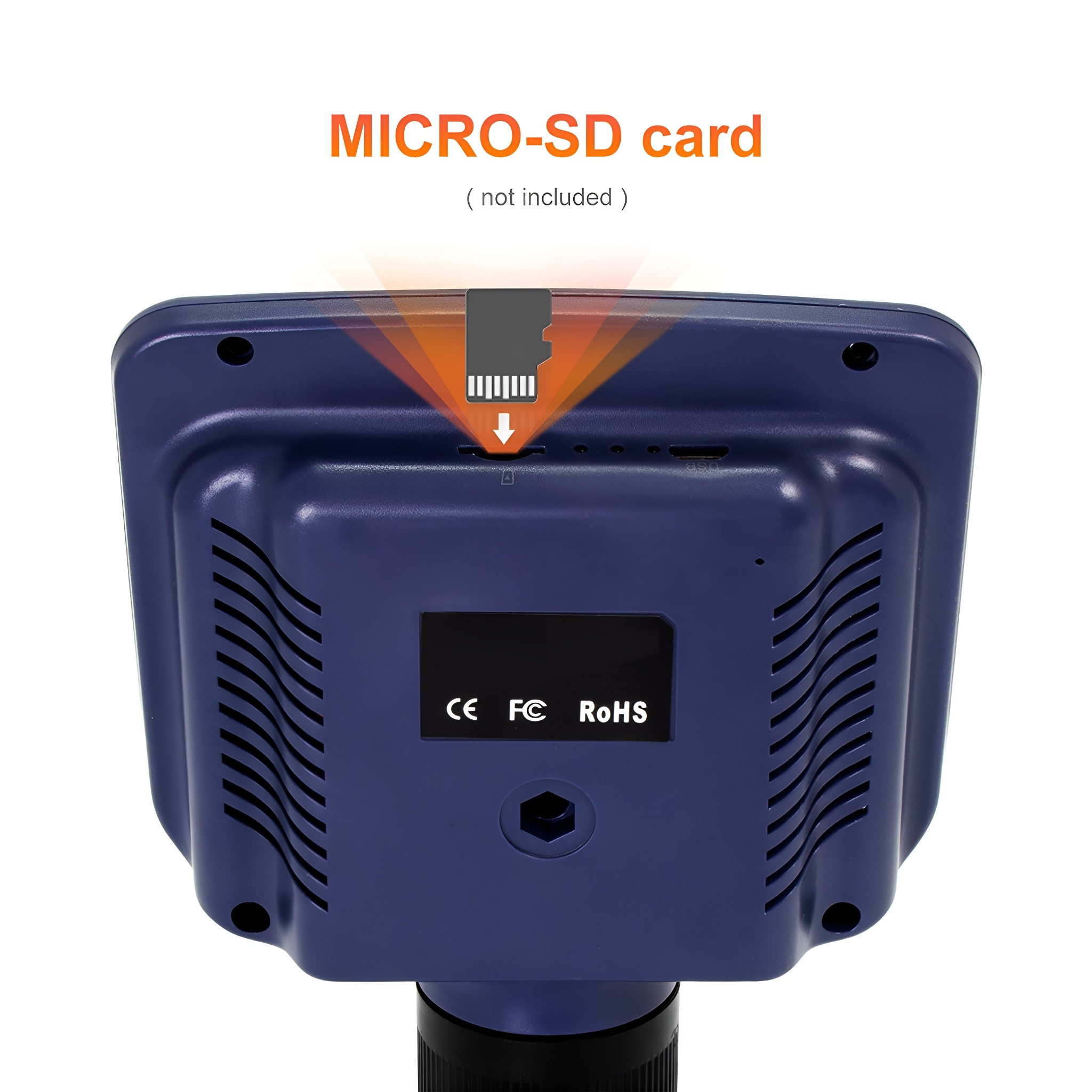 Rückansicht eines blauen Geräts mit Micro-SD-Kartensteckplatz und schwarzem Anschluss unten.