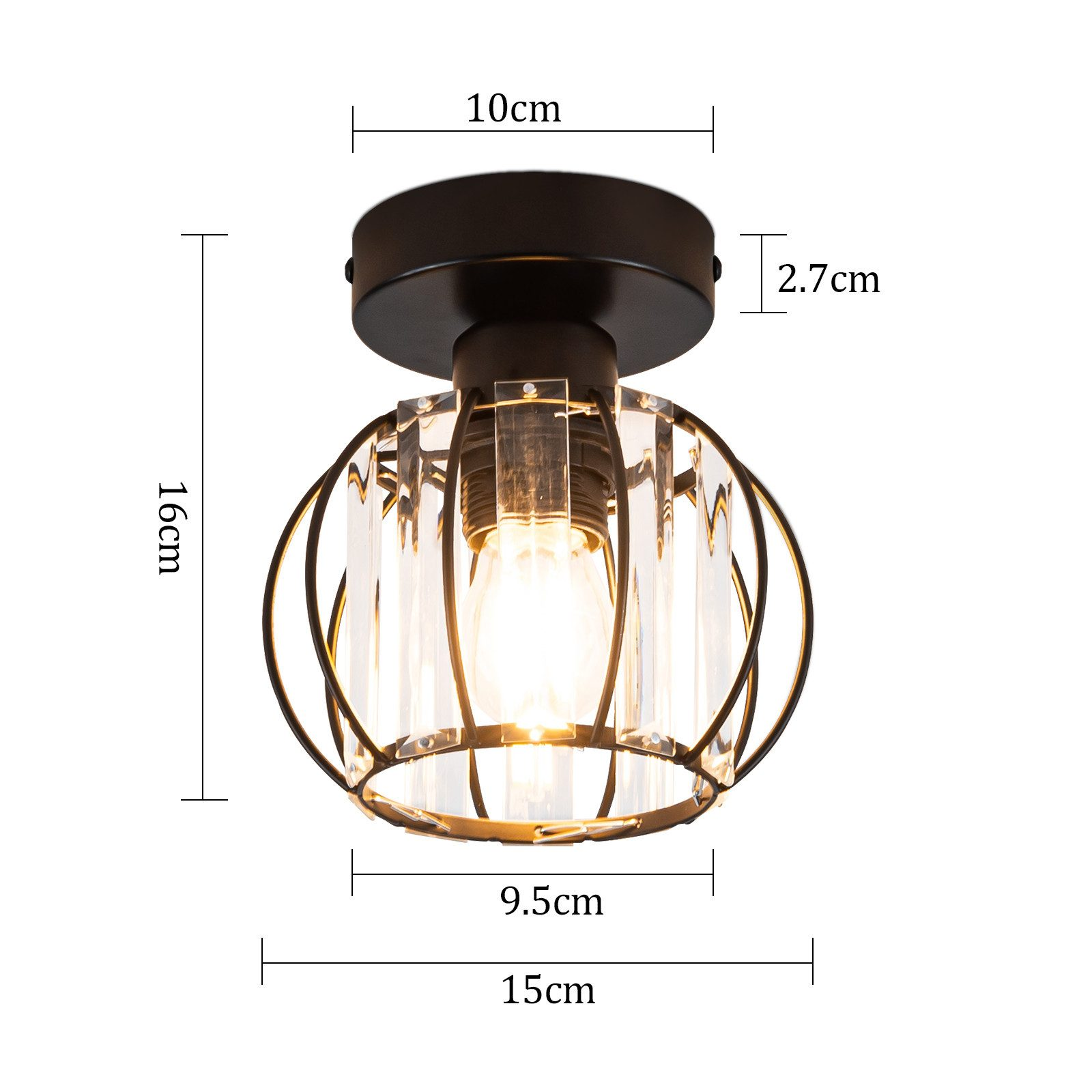 Lampa sufitowa z czarną ramą i kryształowymi akcentami, z nałożonymi wymiarami.