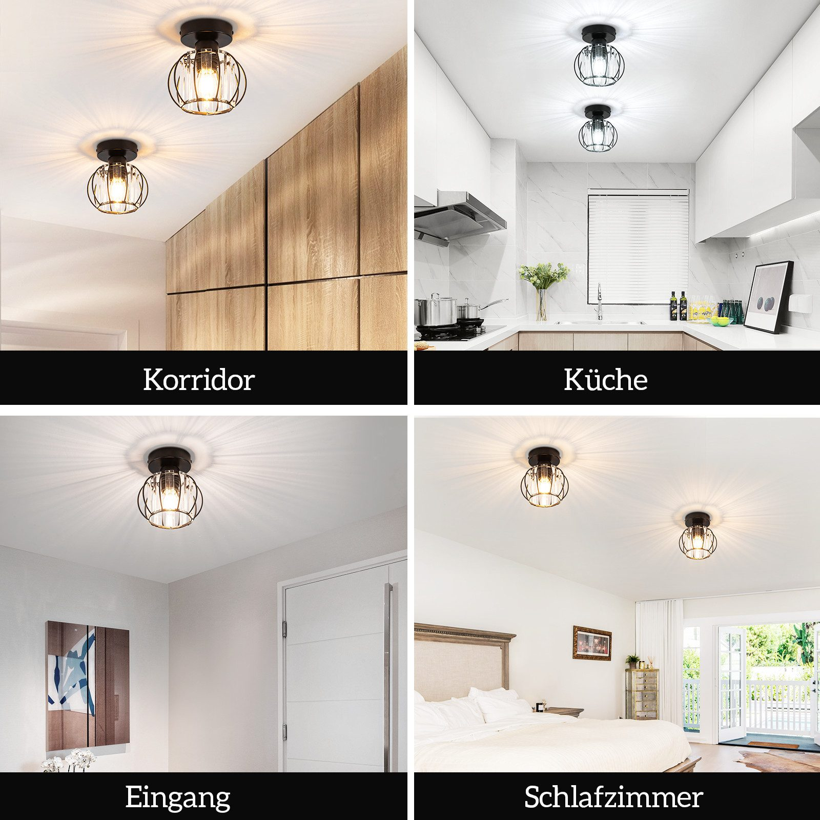 Cuatro imágenes que muestran luces de techo negras en diferentes entornos de habitación.