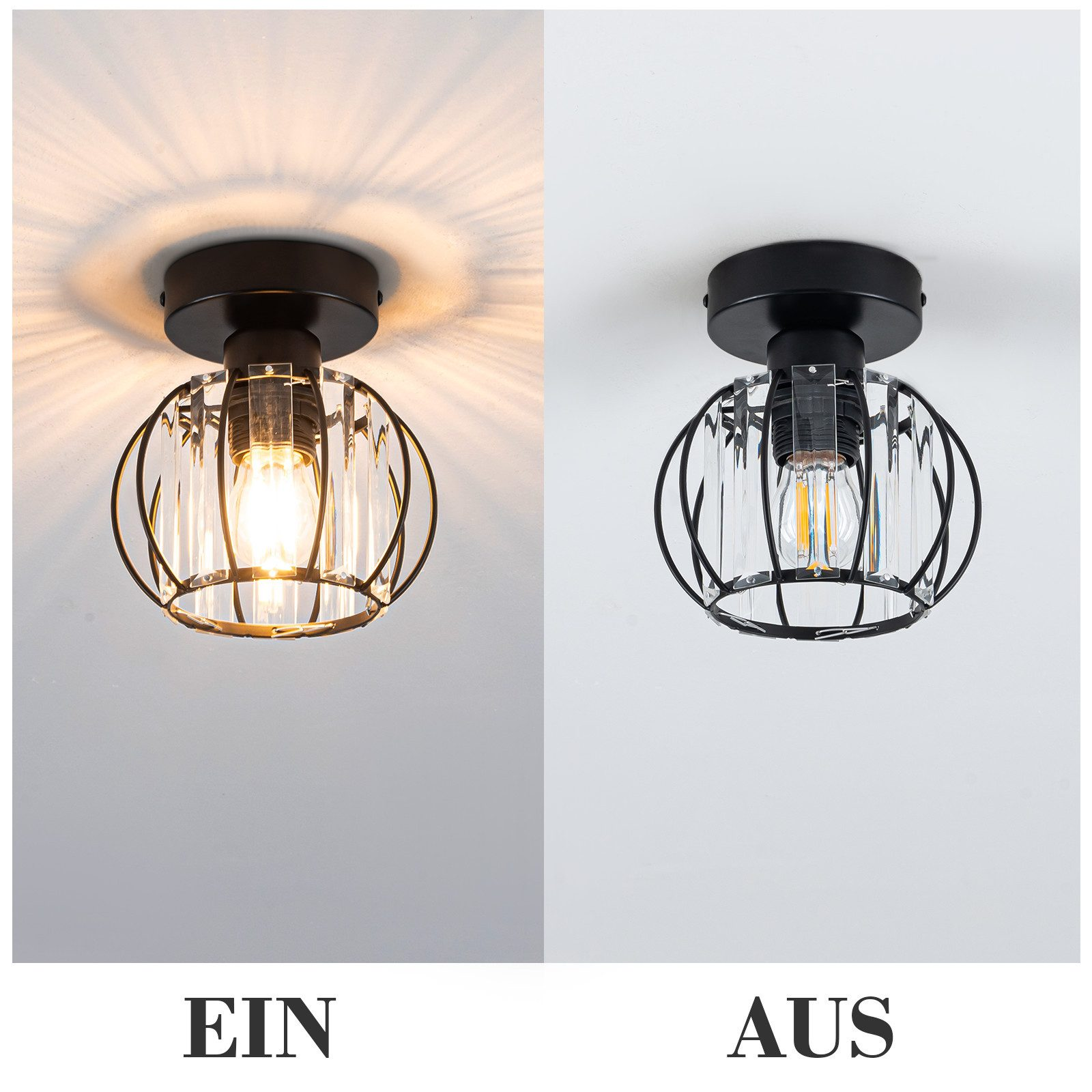 Dwie lampy sufitowe, jedna włączona i jedna wyłączona, z napisami 'EIN' i 'AUS'.
