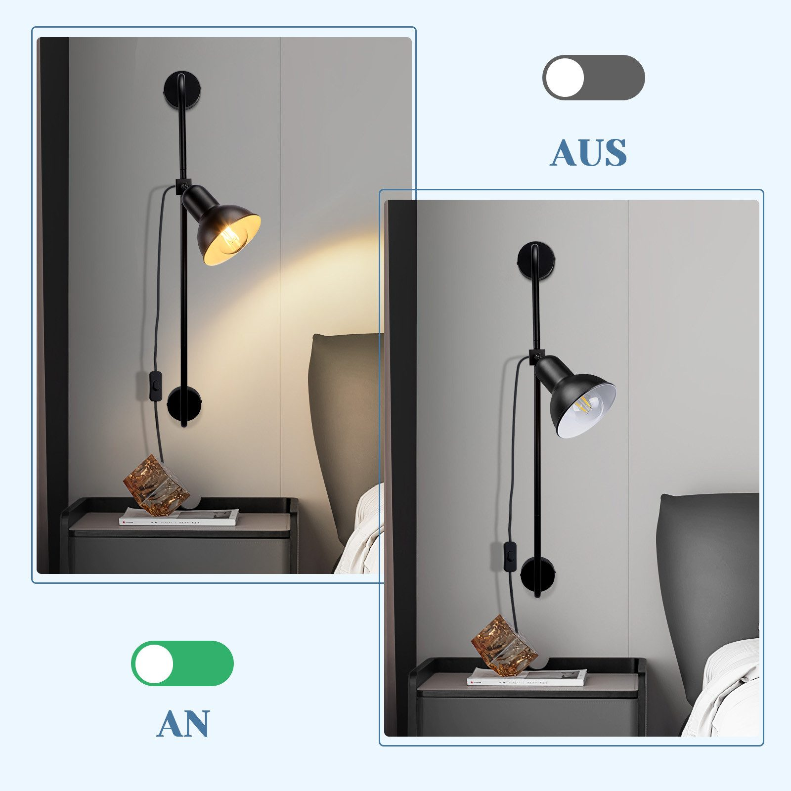 Due immagini che mostrano una lampada da parete nera accesa e spenta, con un tavolino e un bicchiere accanto.