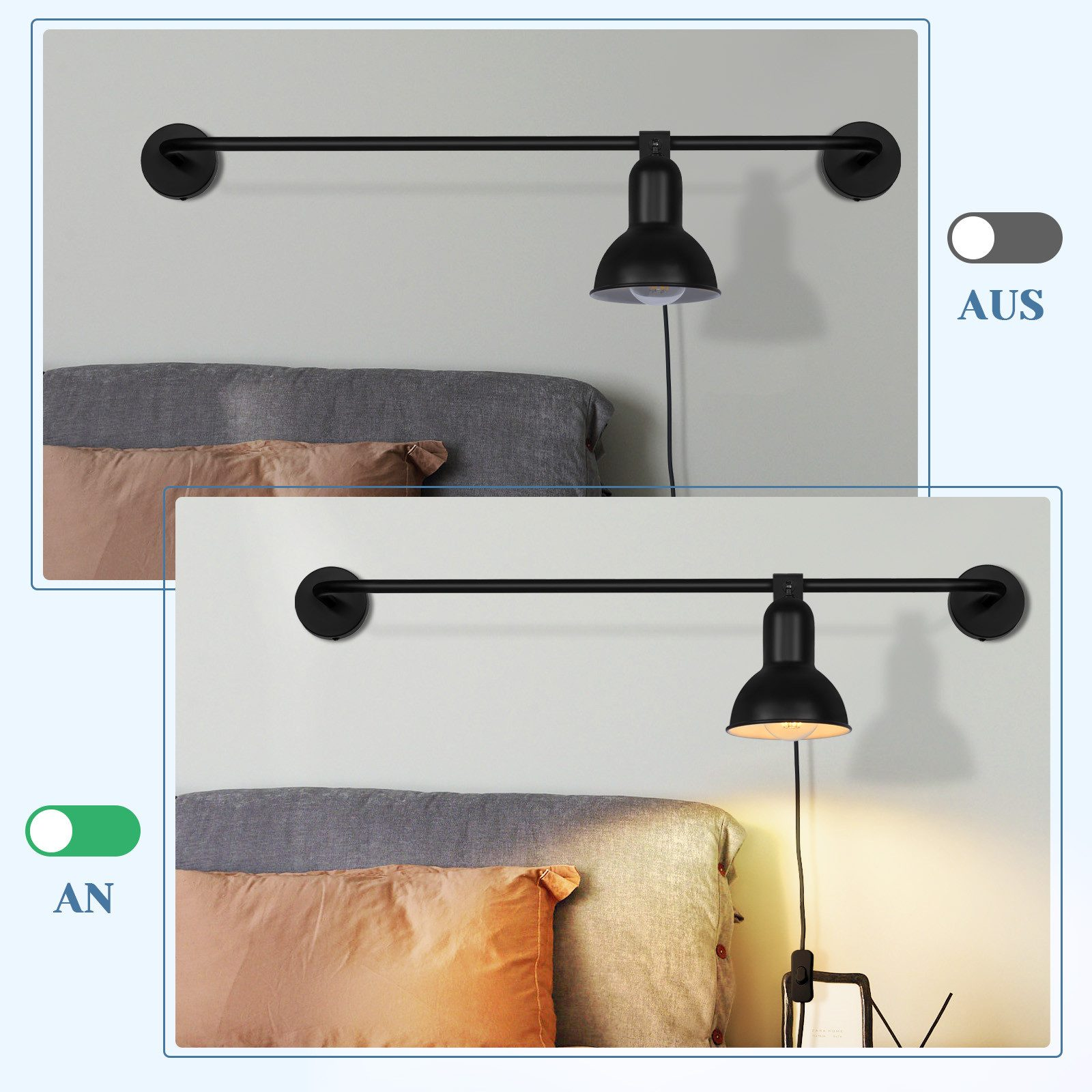 Due immagini di una lampada da parete nera, accesa e spenta, sopra un letto.