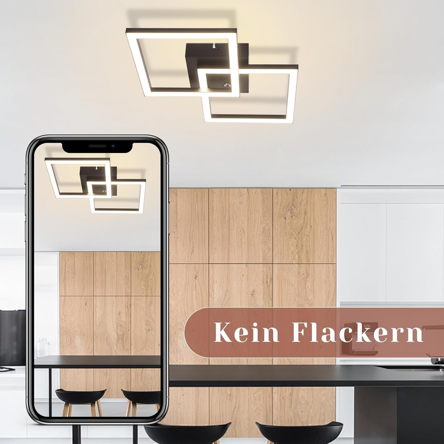 Luces de techo modernas en una cocina, con un teléfono inteligente que muestra las luces.