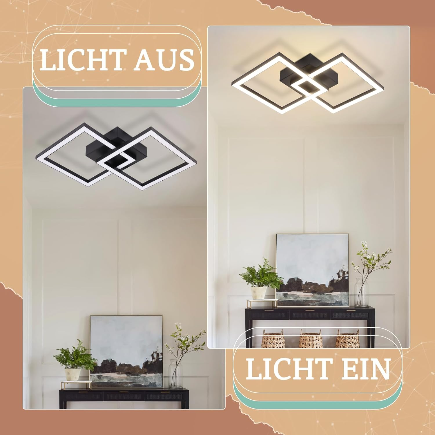 Dos imágenes que muestran una luz de techo encendida y apagada. Diseño moderno.