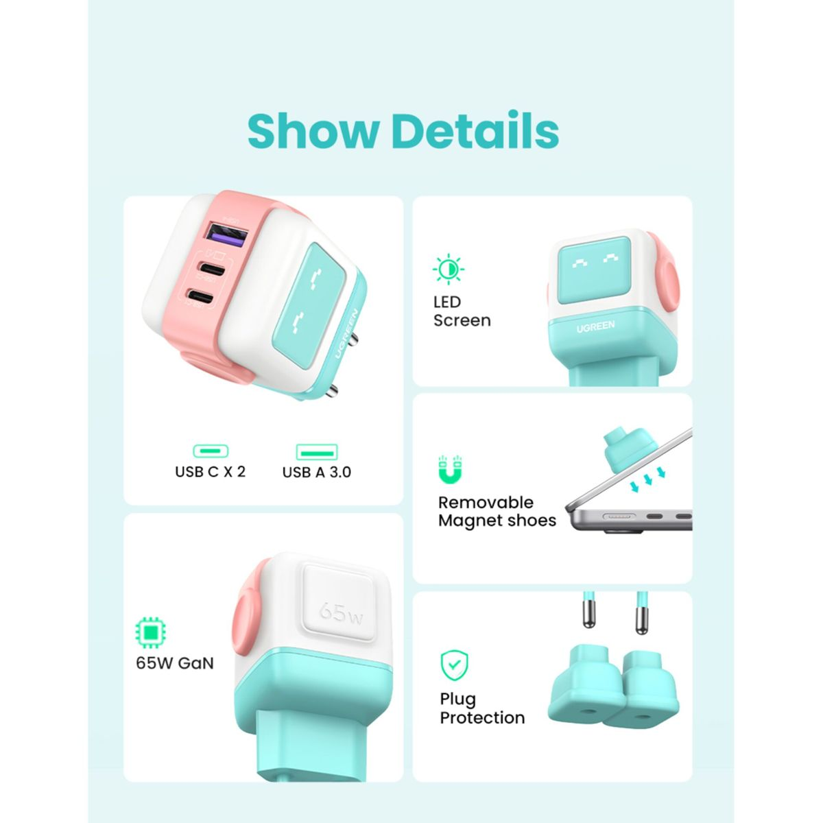 Ładowarka wieloportowa z portami USB, portami USB-C i odłączaną wtyczką.