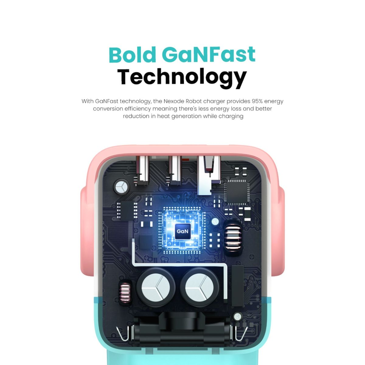 Zbliżenie ładowarki GaNFast z różowym i niebieskim designem.