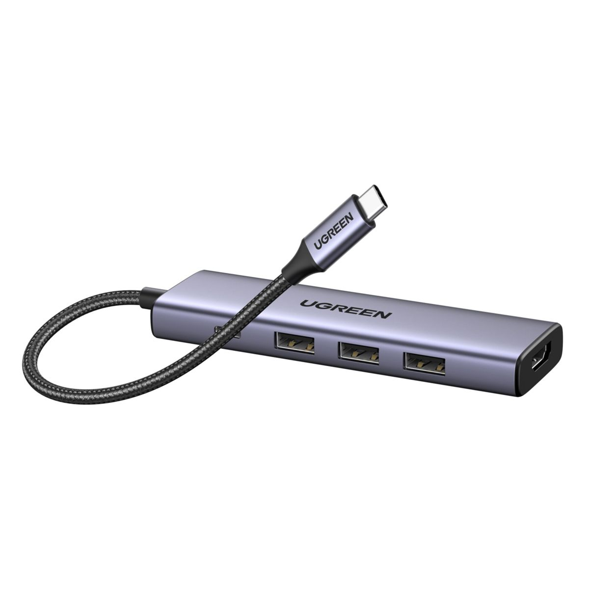 Szary adapter wieloportowy UGREEN z kablem USB-C. Posiada porty USB i port HDMI.