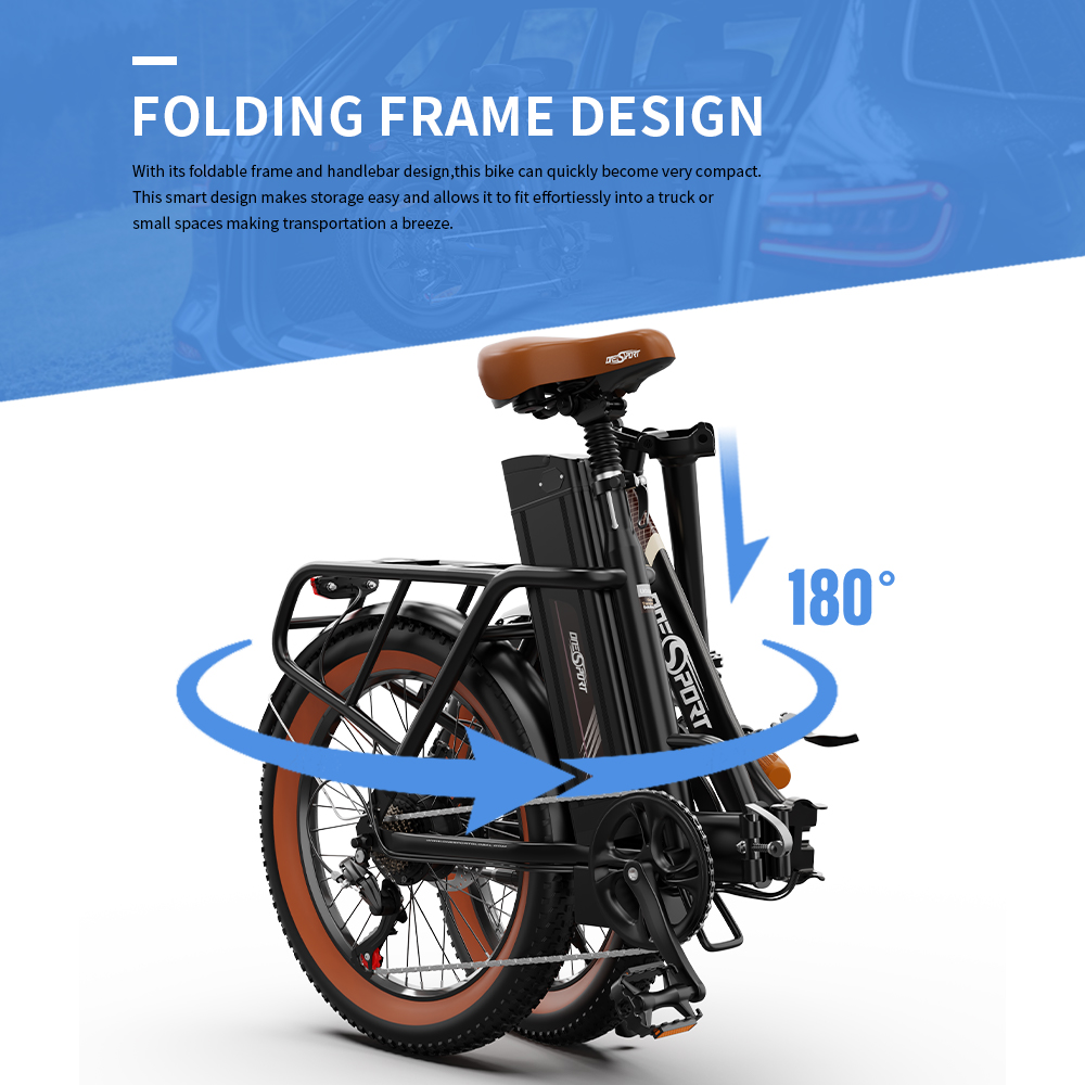Ein zusammenklappbares schwarzes und orangefarbenes Elektrofahrrad mit Text über das Design auf blauem Hintergrund.