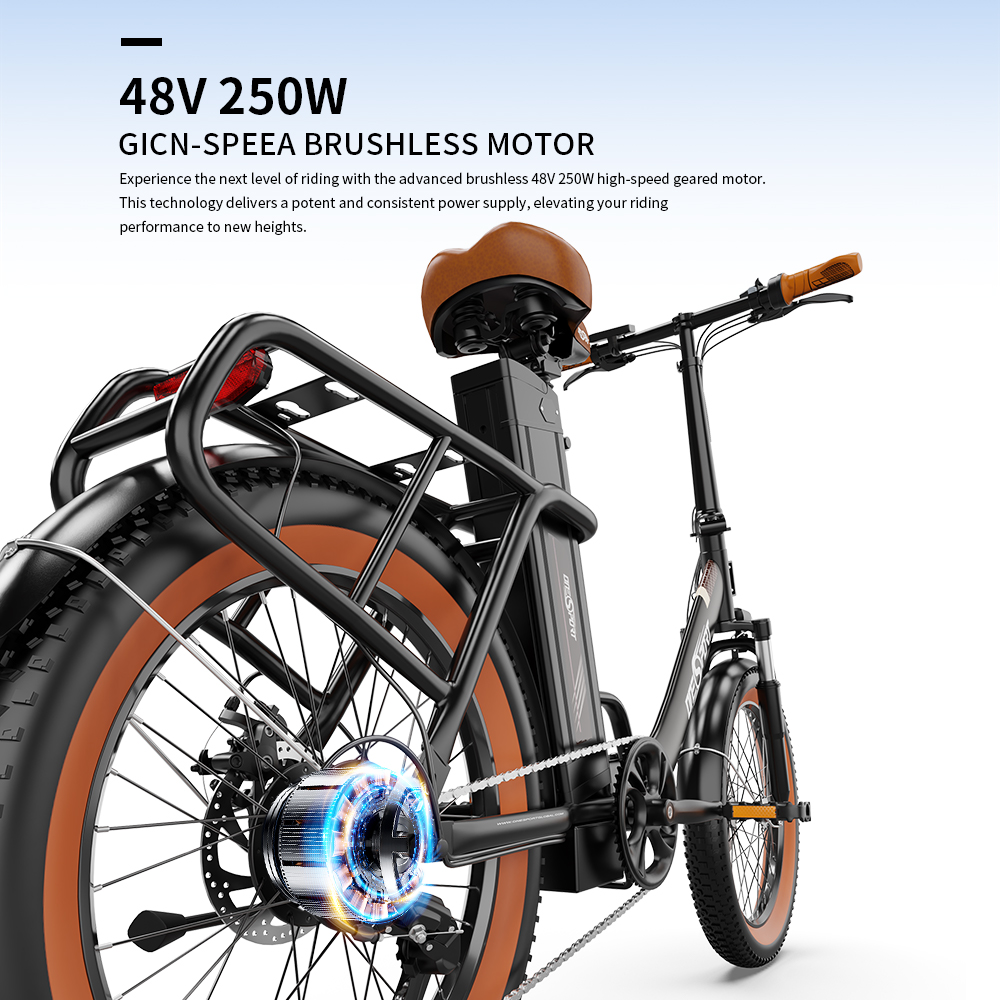 E-Bike mit braunen Reifen, schwarzem Rahmen und hervorgehobenem blauem Motor.