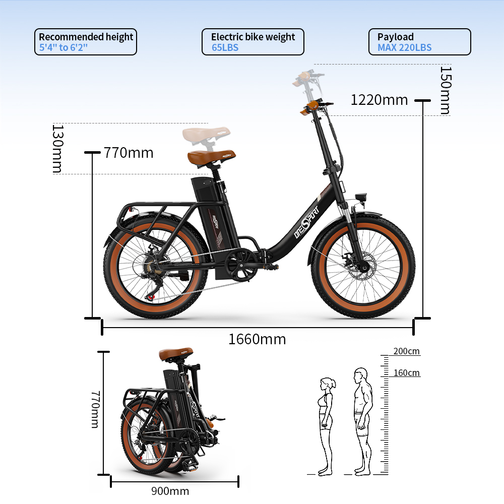 Schwarzes Elektrofahrrad mit braunen Details, Abmessungen gezeigt. Fahrrad zusammengeklappt und ein Personenhöhenvergleich.