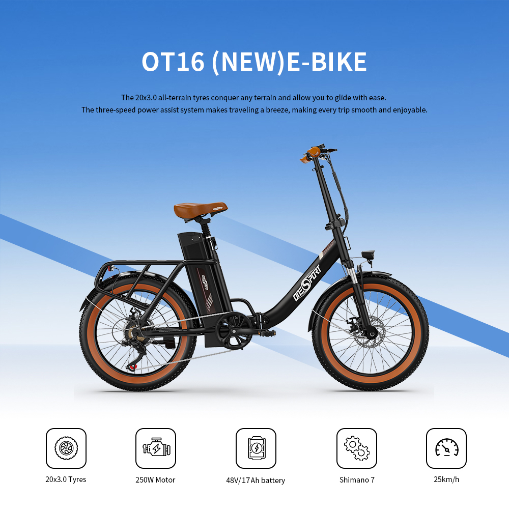 Schwarzes E-Bike mit orangen Reifen und braunem Sitz, Text OT16 (NEU) E-BIKE.