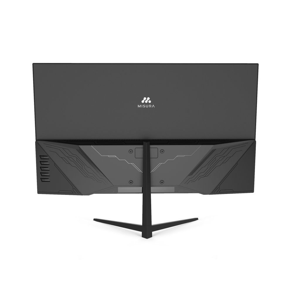 Czarny monitor komputerowy z czarną podstawą, z logo Misura z tyłu.