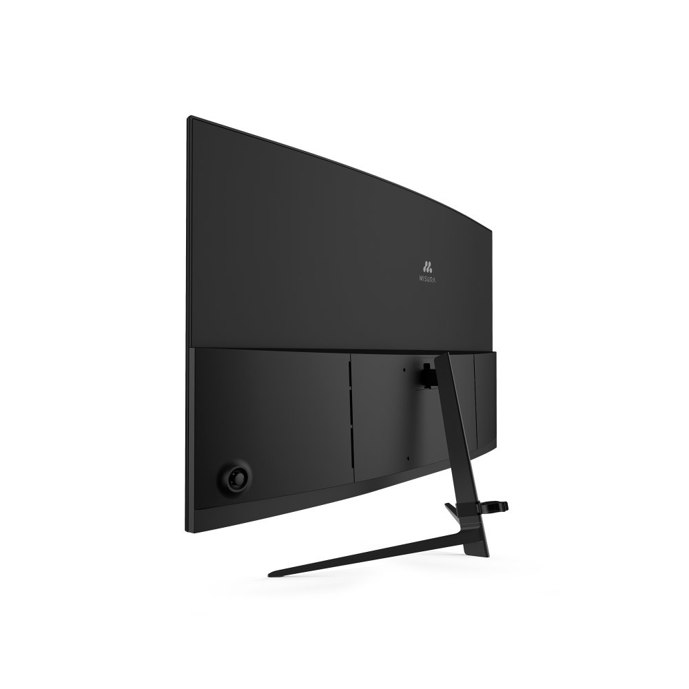 Czarny, zakrzywiony monitor komputerowy. Widoczny jest tył, pokazujący podstawę i logo Mezura.