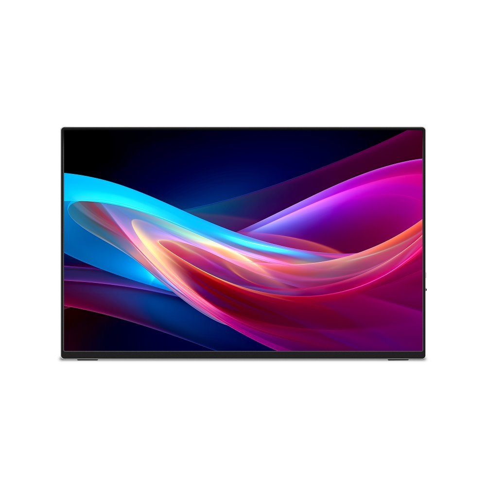 Nowoczesny monitor wyświetla kolorowy abstrakcyjny obraz z odcieniami niebieskiego, fioletowego i pomarańczowego.