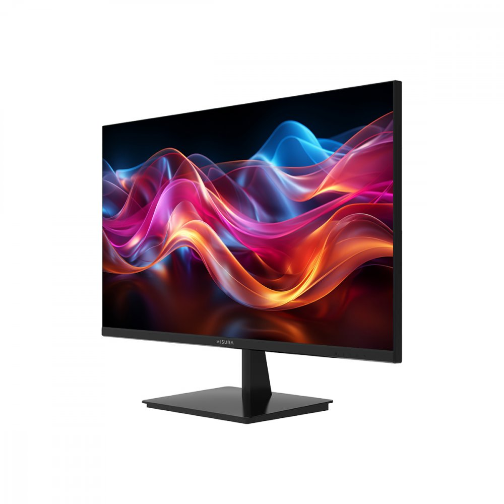 Monitor per computer, nero, con un'immagine astratta vibrante e colorata, angolata verso destra.