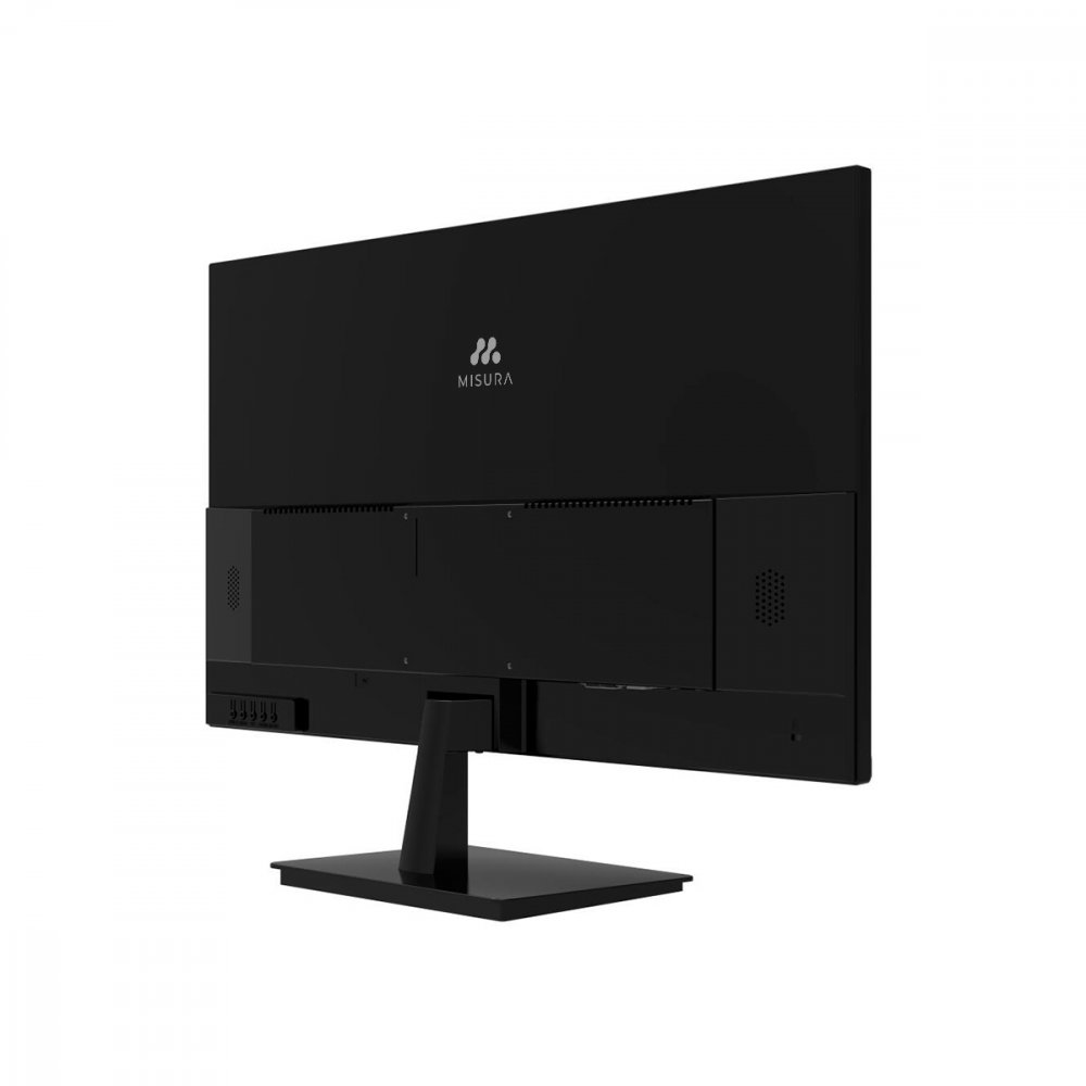 Il retro di un monitor nero con il supporto, che mostra porte e funzionalità.