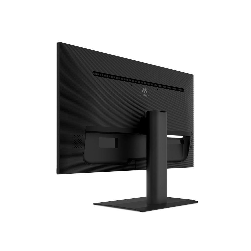 Monitor per computer MISURA nero, visto da dietro, su un supporto nero.
