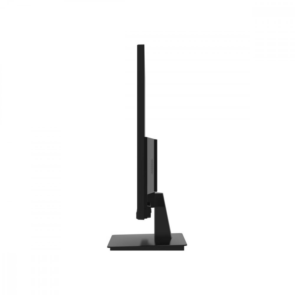 Vista laterale di un monitor per computer nero su un supporto nero. Lo sfondo è bianco.