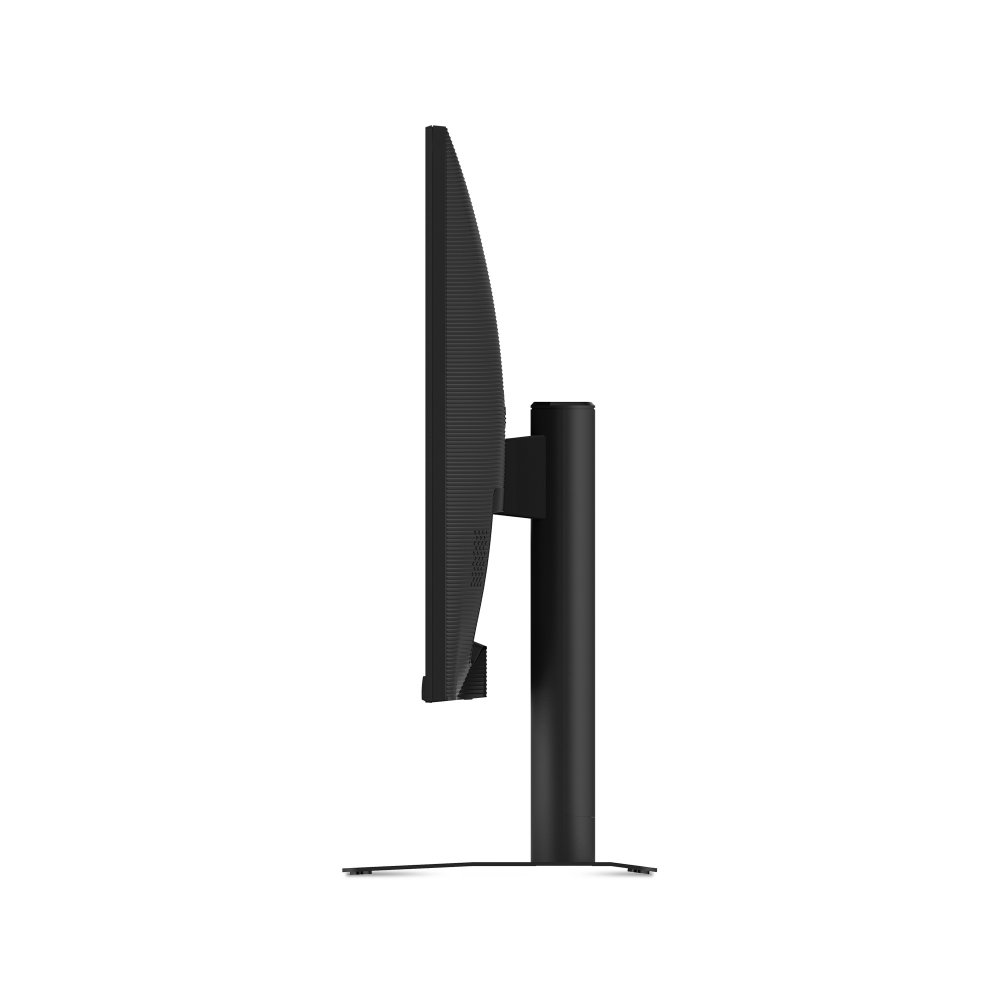 Un monitor del computer nero è visto di lato, su sfondo bianco.