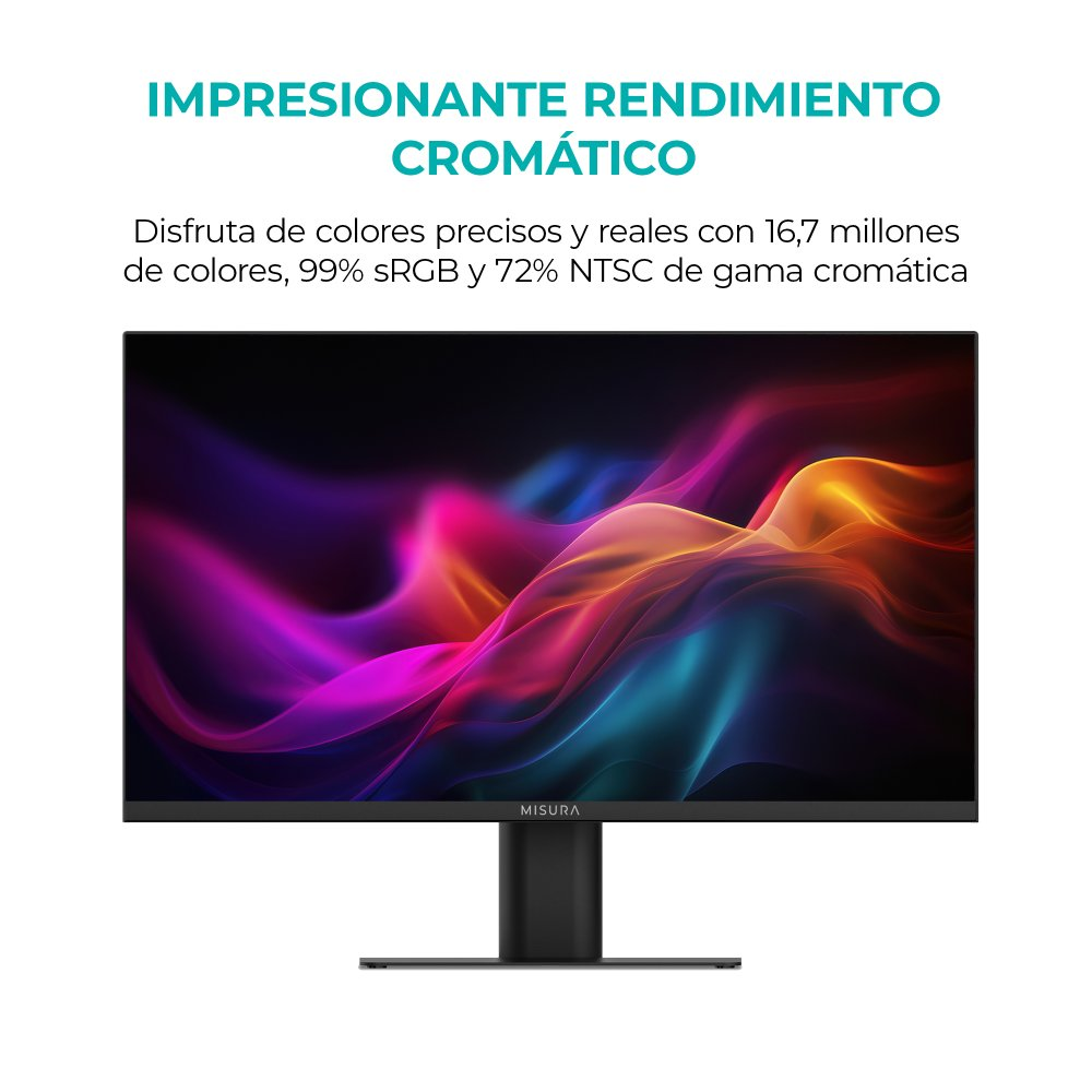 Monitor del computer che mostra un'immagine astratta vibrante con supporto nero e sfondo bianco.