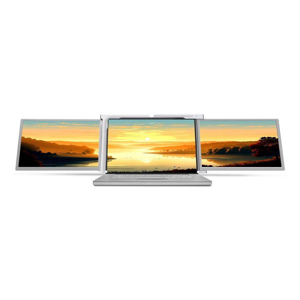 Trzy monitory obok siebie, pokazujące tę samą scenę krajobrazu, z laptopem pośrodku.