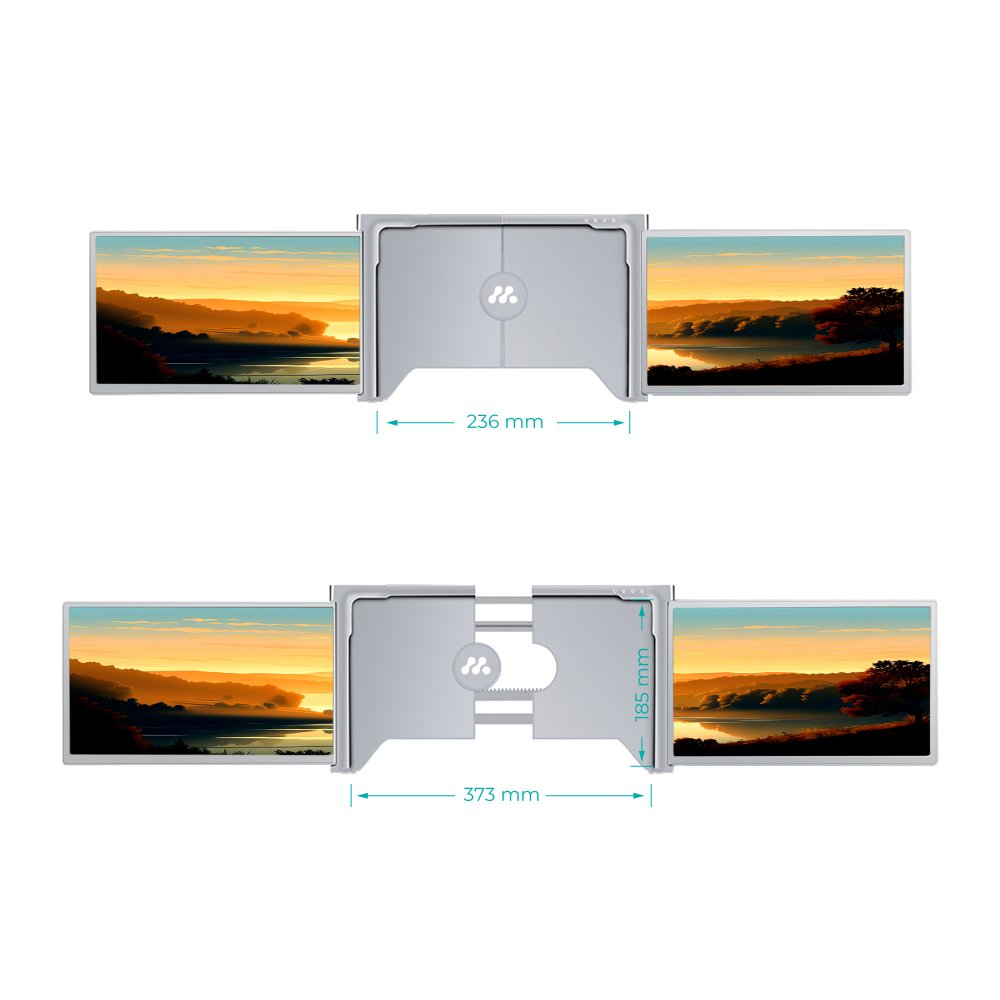 Dwa obrazy konfiguracji z trzema monitorami. Monitory są na białym stojaku.