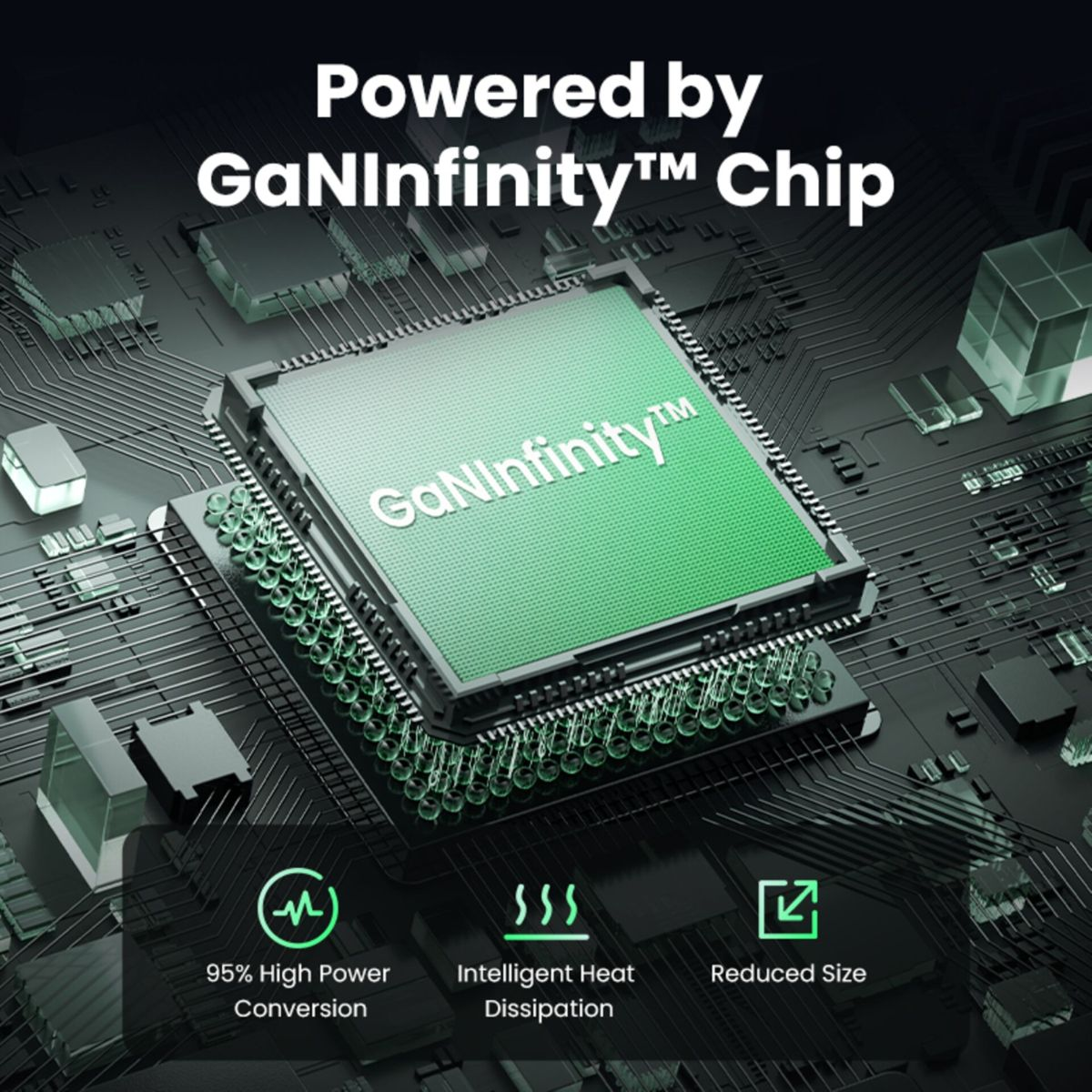 Zbliżenie zielonego chipa z tekstem: GaNInfinity Chip. Pokazuje konwersję mocy, rozpraszanie ciepła.