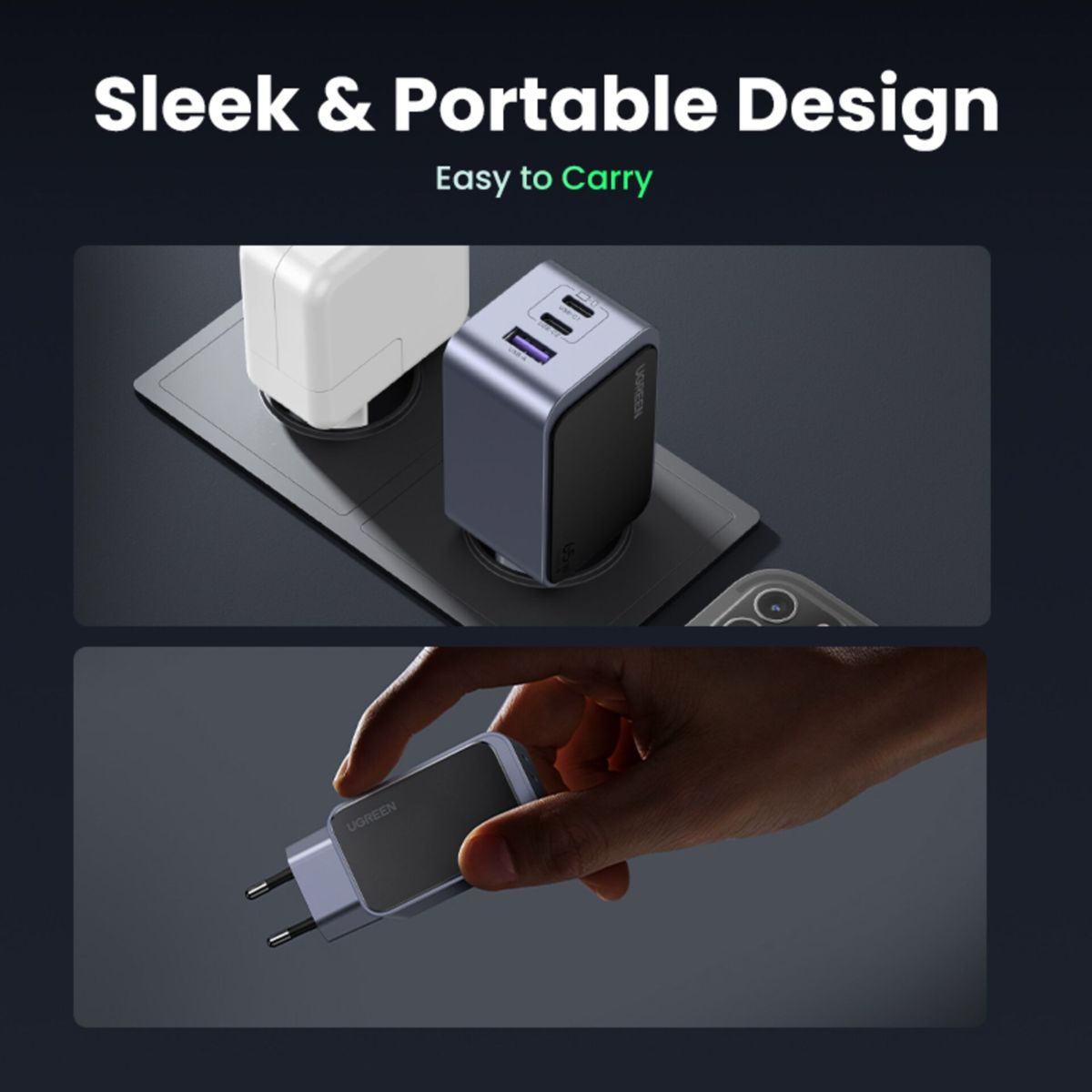 Dwie ładowarki UGREEN. Jedna w gnieździe, druga osobno. Elegancki design. Ciemne tło.