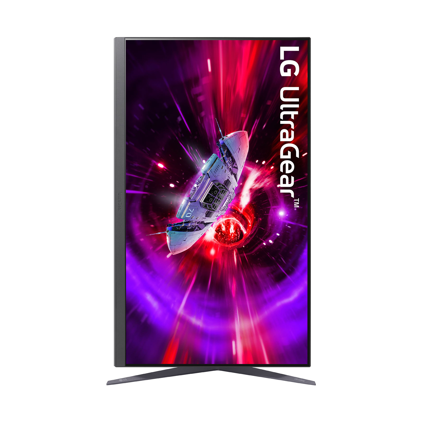 Monitor LG UltraGear wyświetla grafikę o tematyce kosmicznej. Biały tekst i czarna podstawa na białym tle.