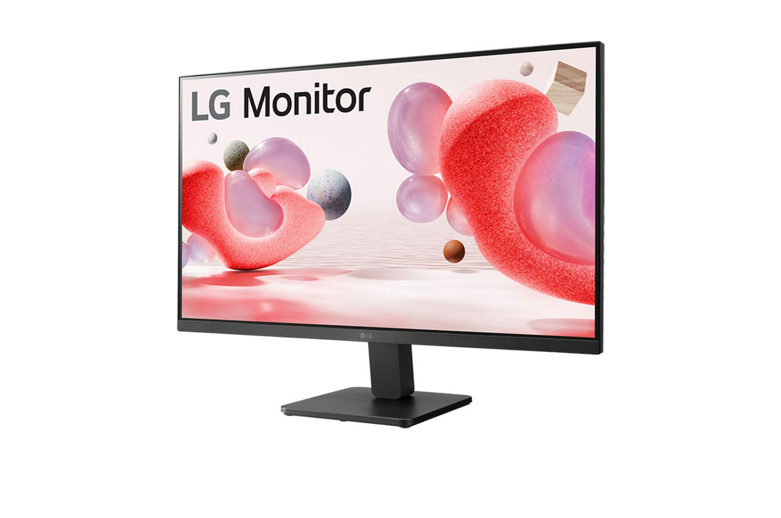 Monitor LG con grafica di forme astratte. Cornice e supporto neri. Sfondo bianco.