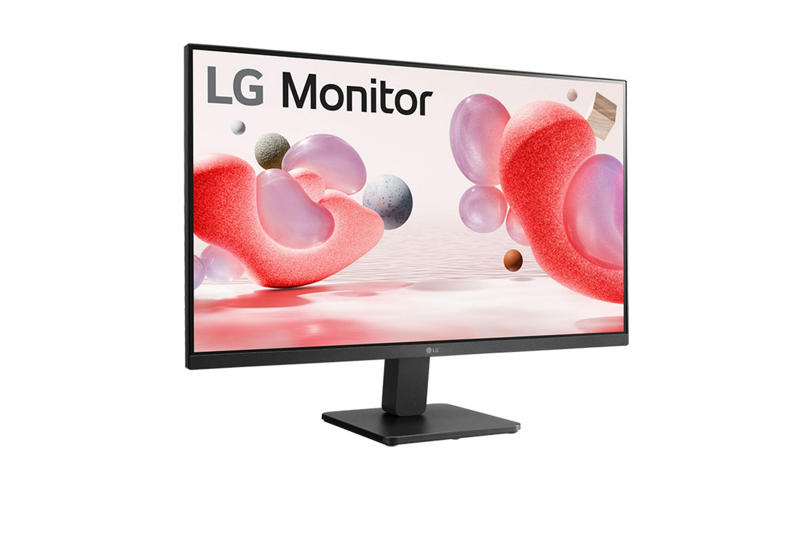 Monitor LG con supporto nero, che mostra un'immagine astratta colorata. Sfondo bianco.