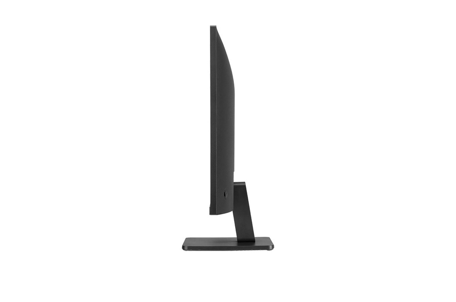 Monitor nero su un supporto. Vista laterale, lo schermo è nero. Sfondo bianco.