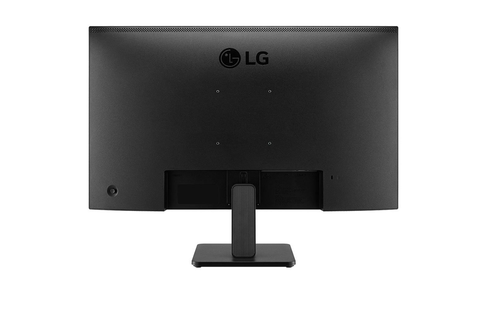 Il retro di un monitor LG nero con supporto e connettori.