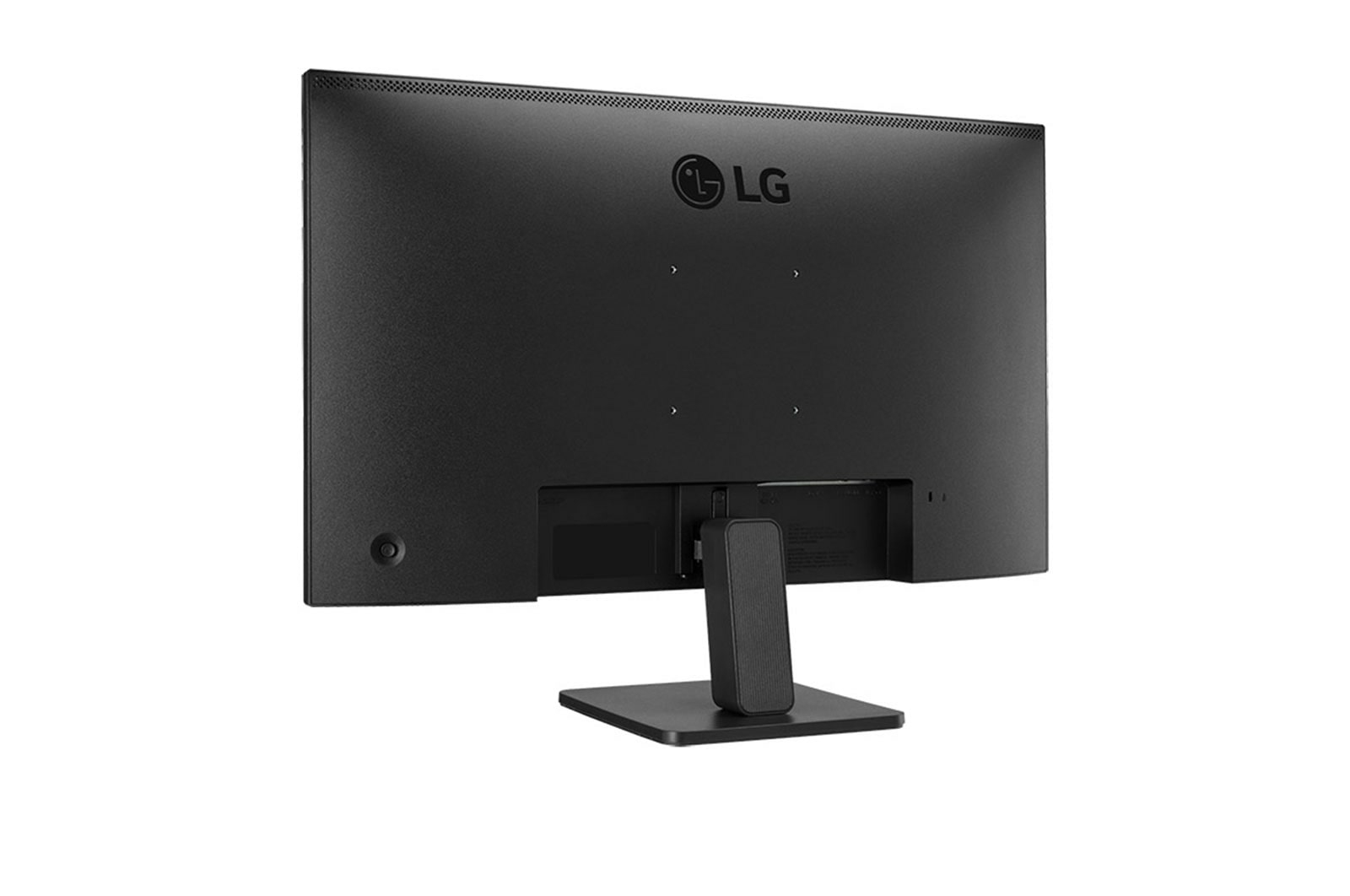 Vista posteriore del monitor del computer nero con supporto e logo LG.