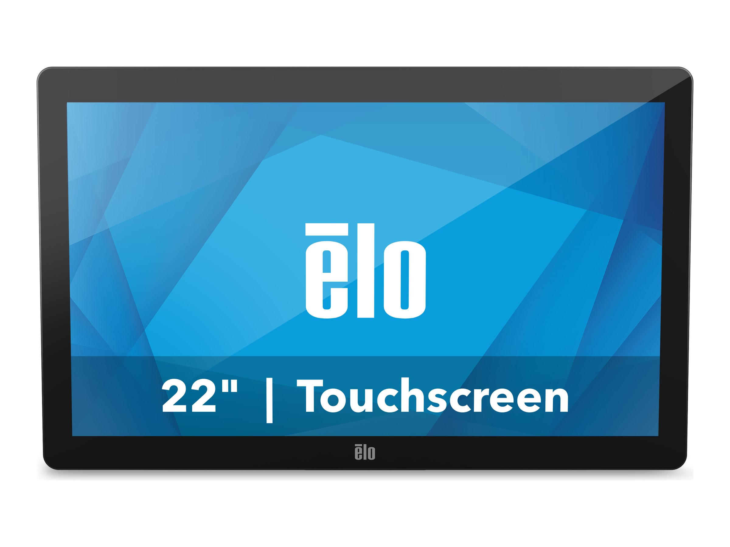 Monitor touchscreen nero con logo "ēlo" bianco e testo "22" | Touchscreen" su sfondo blu.