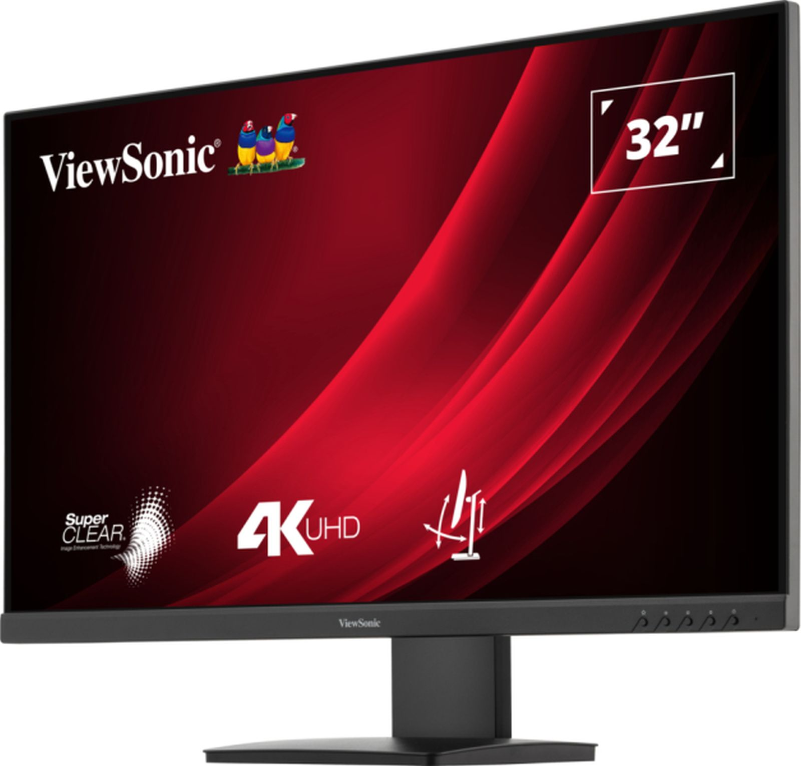 32-calowy monitor ViewSonic z czarną ramką, wyświetlający czerwono-czarną grafikę abstrakcyjną.