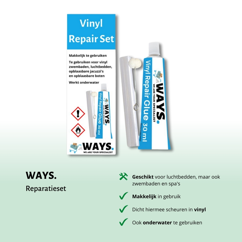 Vinyl-Reparaturset mit Kleber und Produktinformationen.
