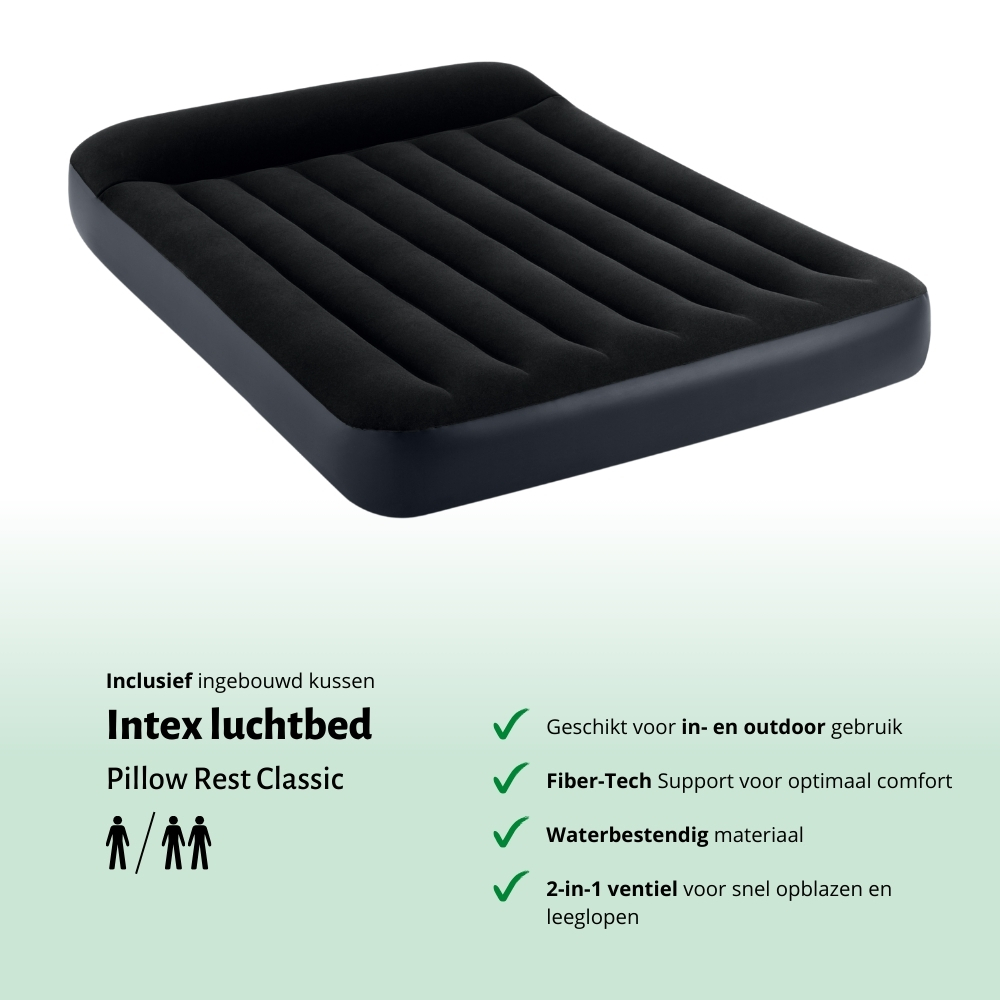 Zwart opblaasbaar matras met een hoofdkussen. Tekst toont 'Pillow Rest Classic'.
