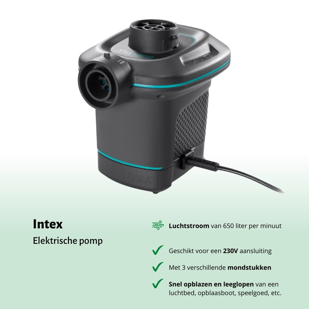 Zwarte en blauwgroene Intex elektrische pomp. Het heeft een netsnoer en meerdere sproeiers.