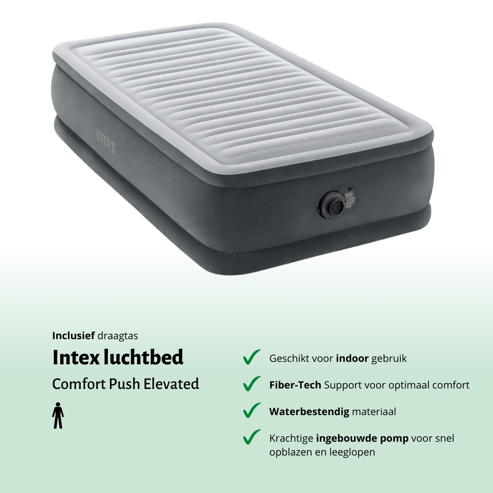Gray inflatable mattress with built-in pump and pillow. Text: Comfort Push Elevated.