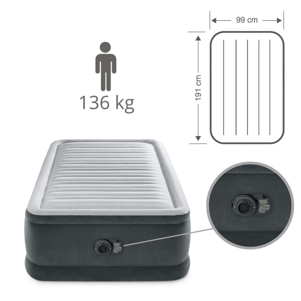 Single-sized grey inflatable mattress. It shows dimensions and a 136 kg weight capacity.