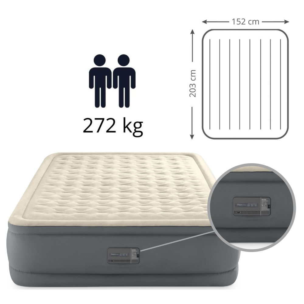 Double-sized beige inflatable mattress. It shows dimensions and a 272 kg weight capacity.