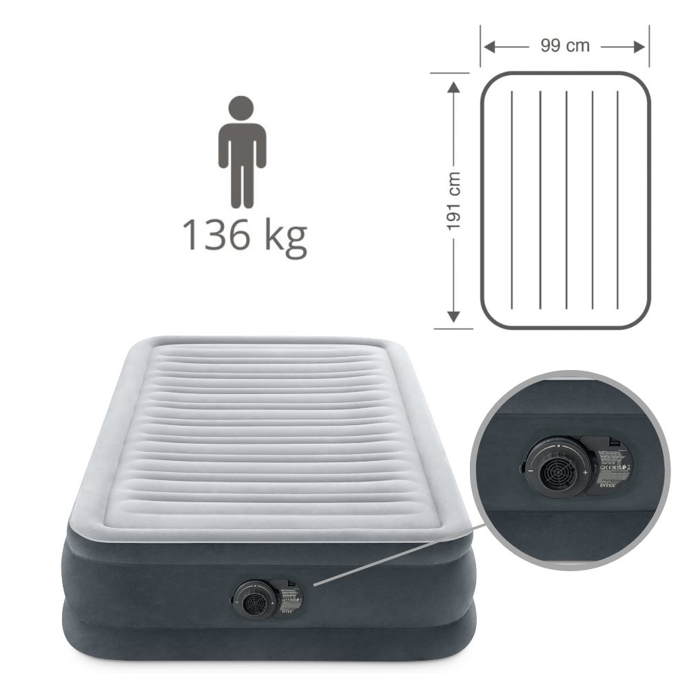 Un matelas gonflable avec dimensions et icône de personne, indiquant une capacité de 136 kg. Il montre également une pompe.
