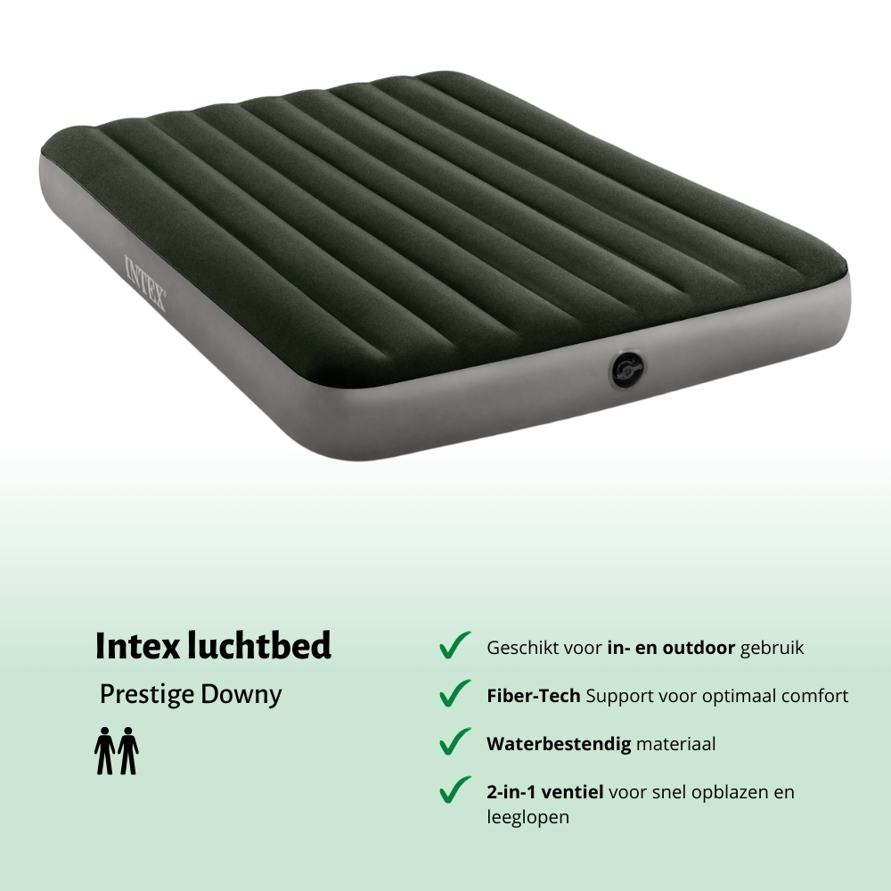 Dark green airbed with gray base. Features Intex logo and a valve on the side. Product name is visible.