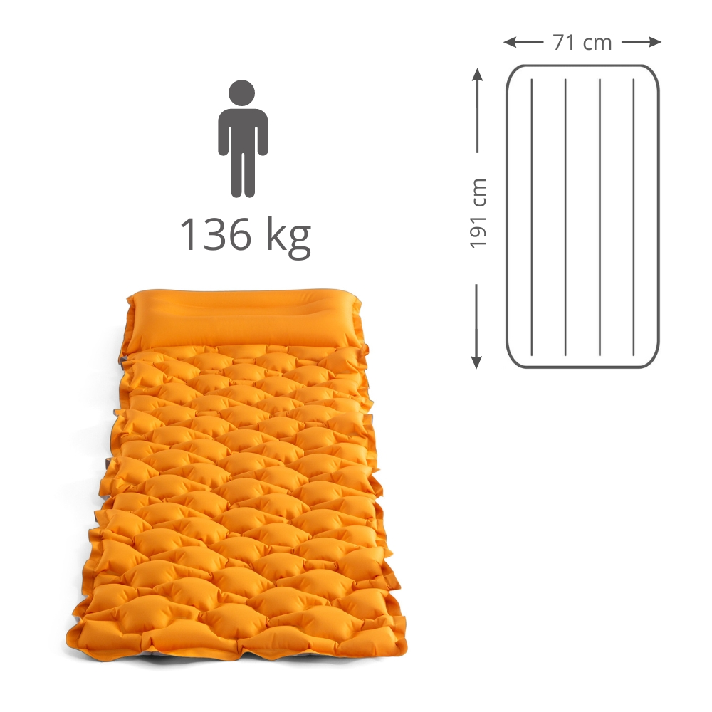 Oranje opblaasbare campingmat. Het toont afmetingen en een draagvermogen van 136 kg.