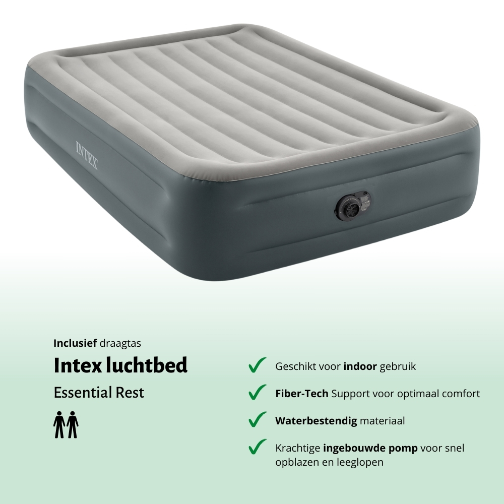 Lit pneumatique gris Intex Essential Rest. Montre valve et logo. Fond blanc et vert.